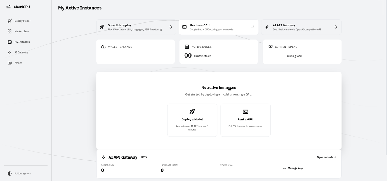 CloudGPU dashboard "My Active Instances" showing no active instances and quick-start actions.