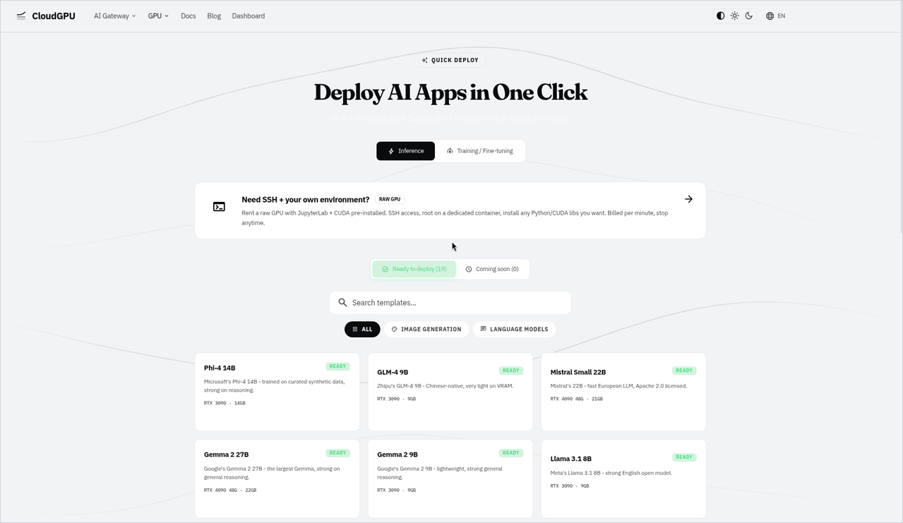 CloudGPU Quick Deploy page with Inference tab, raw GPU option, and model template cards.